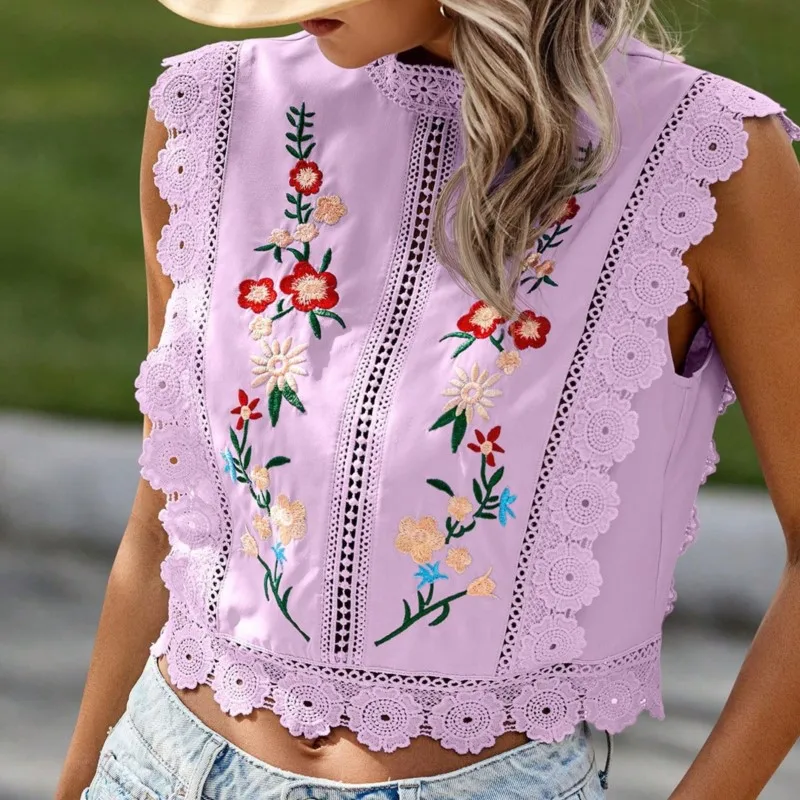 Camisa de gasa de verano para mujer, blusas tipo jersey, camiseta hueca sin mangas con cuello redondo y planta bordada de encaje a la moda, ropa para mujer