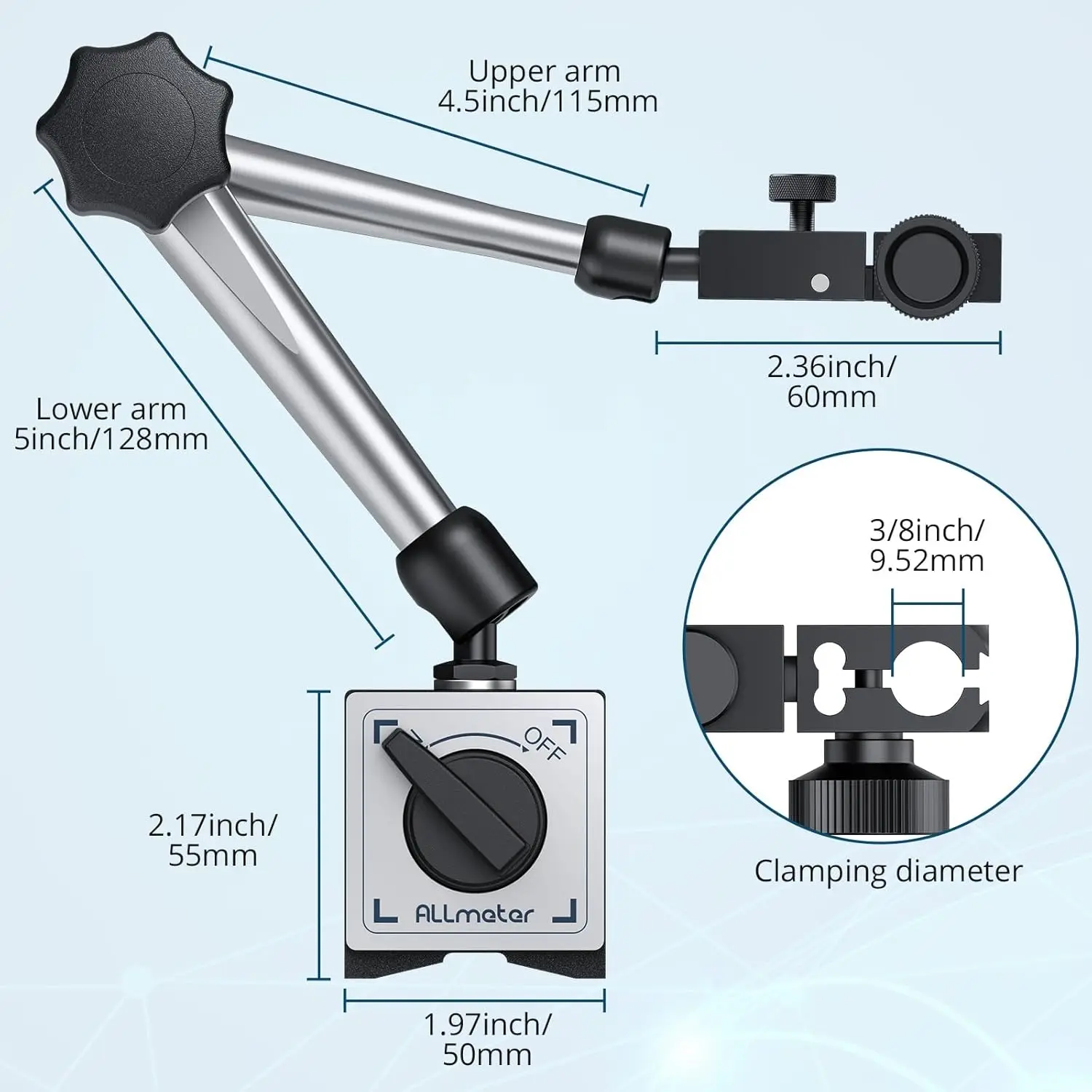 Magnetic Base Dial Indicator Holder On/Off Control,176lbs (80kg) Max Pull,3/8 Inch Clamping Hole,Adjustable for Dial Indicators
