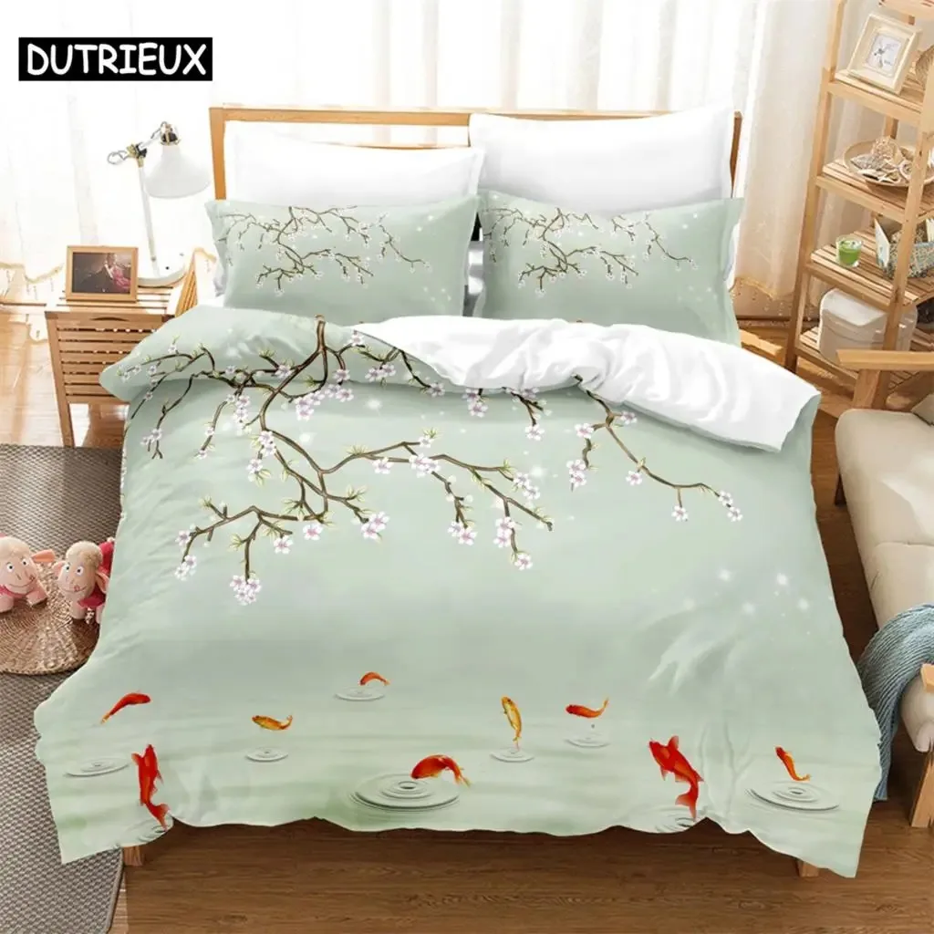 3PCS Goldfish and flower Bedding Sets Home Bedclothes Super King Cover Pillowcase Comforter Textiles Bedding Set