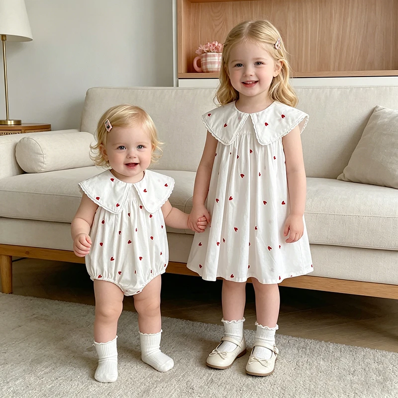 2026 Sommer Neues Ärmelloses Kleid für Babymädchen 2-6 Jahre, Süßer Prinzessinnen-Strampler mit Herzprint für Babys 0-24 Monate, Geschwisterkleid