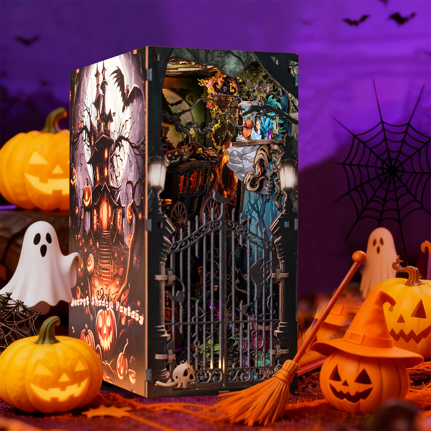 DIY Wooden Secret Shadow Fantasy Book Nook Shelf Insert Kits Miniature Model Kit Bookend for Friends Halloween Gifts
