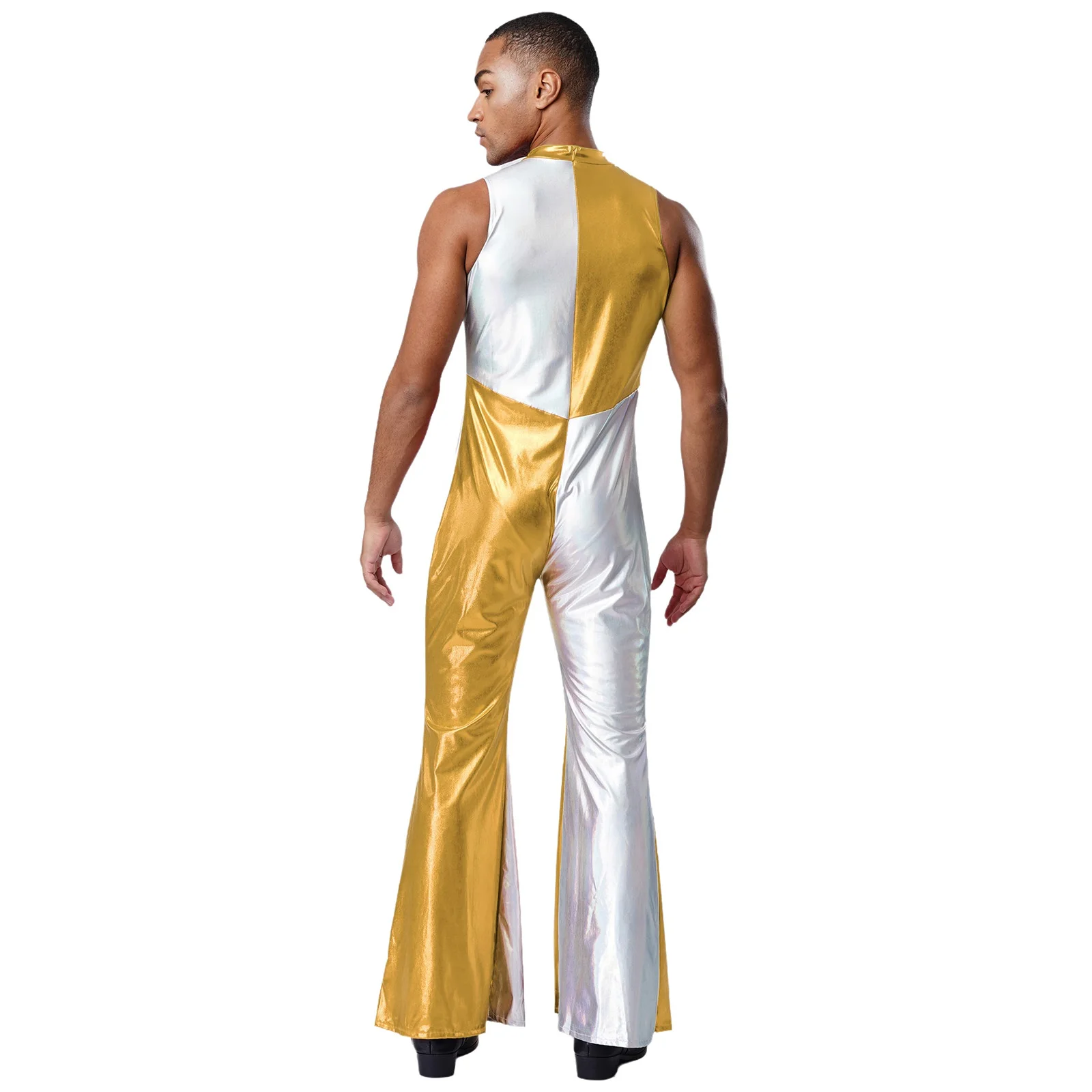 メンズ メタリック パッチワーク ジャンプスーツ ノースリーブ フレアパンツ ホログラフィック ロンパース 70年代 ディスコパーティー ジャズ タンゴ クラブ ダンス衣装
