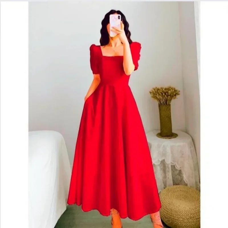 Gentle Style French Vintage Long Dress Slimming Elegant Waist-fitted Square Collar Puff Sleeve Dress For Women Summer