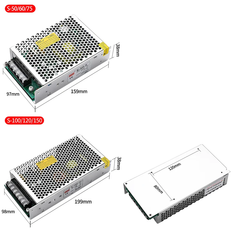 S Series Switching Power Supply 25W 50W 75W 100W 120W 150W 200W 400W 12V 24V 36V 48V 60V 100-240V AC-DC SMPS for LED Strip CCTV