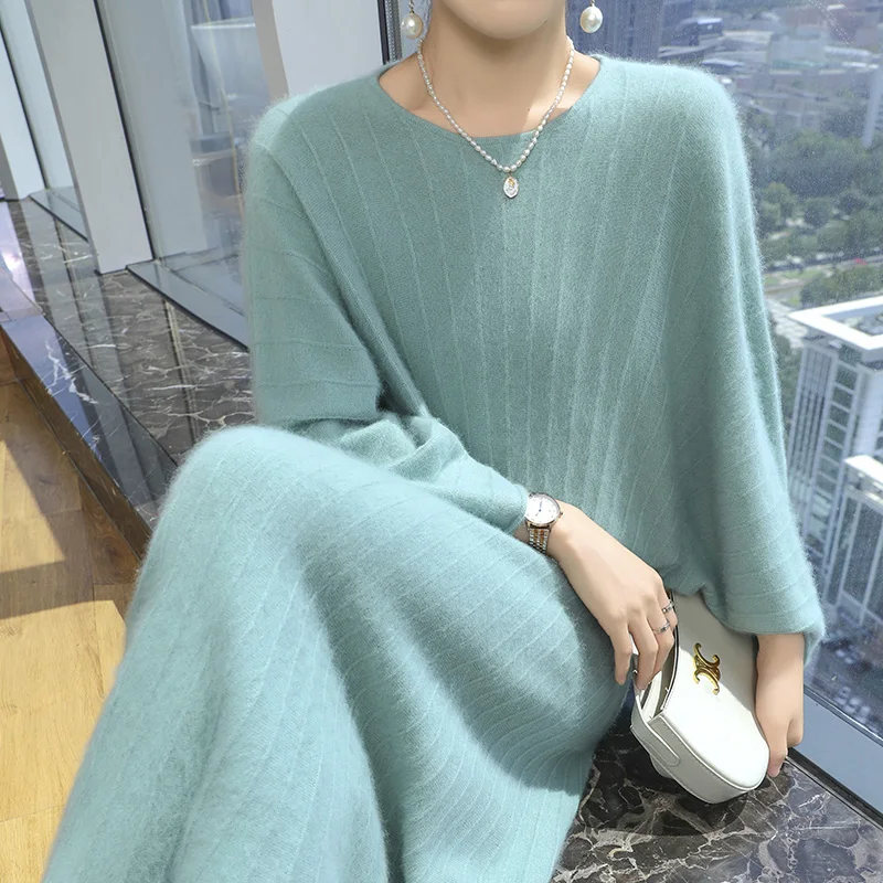 

100% Mink Cashmere Lazy Style Sweater Set Skirt for Women's Autumn/Winter O-neck Knitted Pullover Half Skirt Fashion 2 piece Set