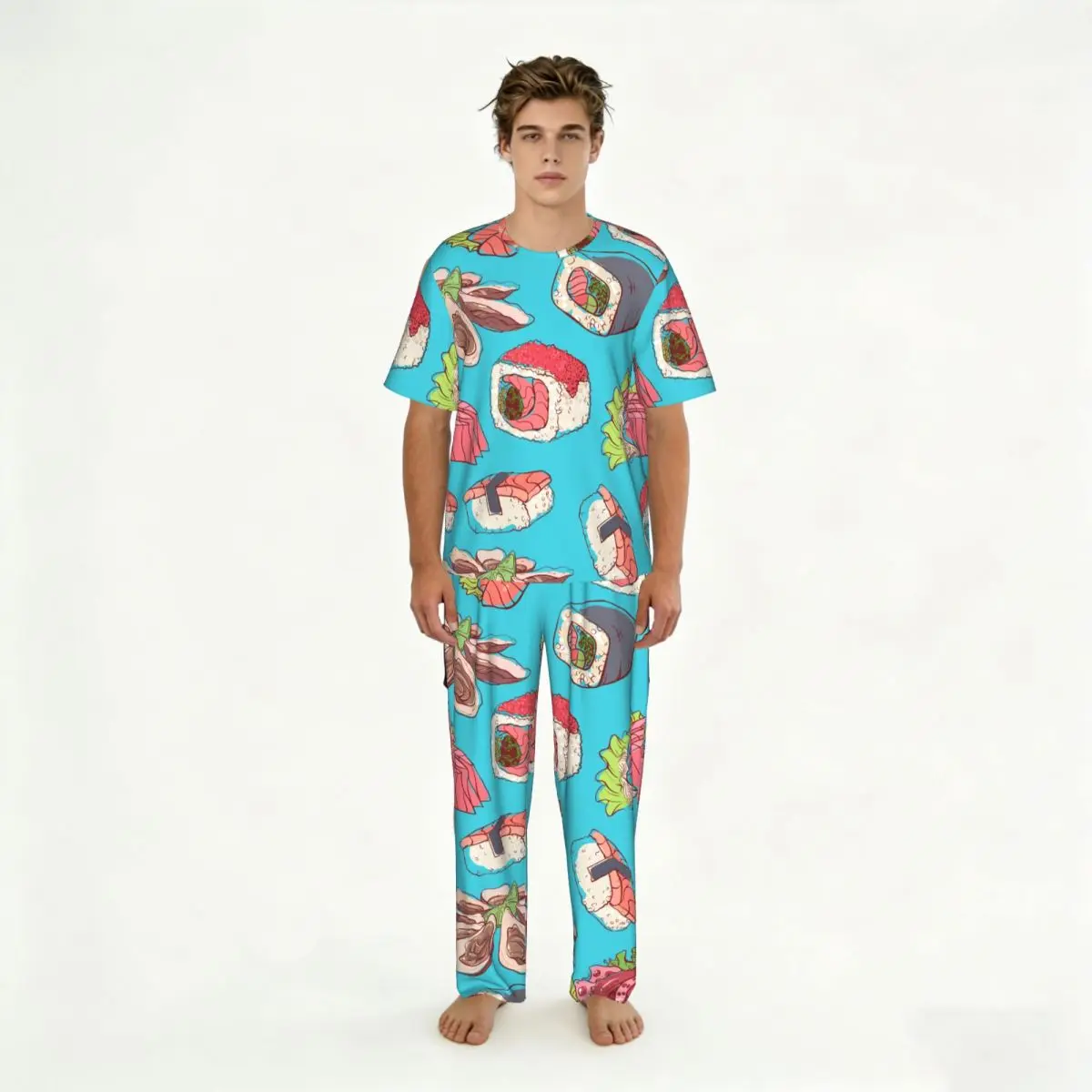 

Пижама для сна и дома, летняя/весенняя, с принтом японских азиатских блюд с креветками, сашими, морепродуктами, с коротким рукавом и длинными брюками