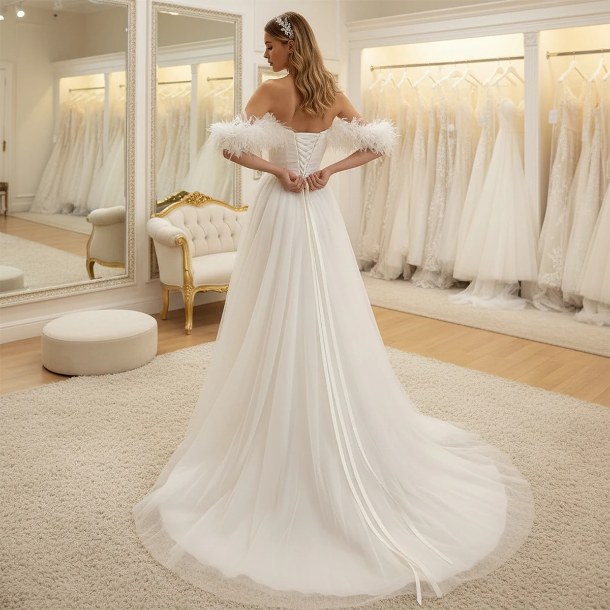 فستان زفاف أنيق منتفخ من التول مع ذيل طويل بدون أكتاف لحفلات الزفاف العروس من فيستدوس نوفيا