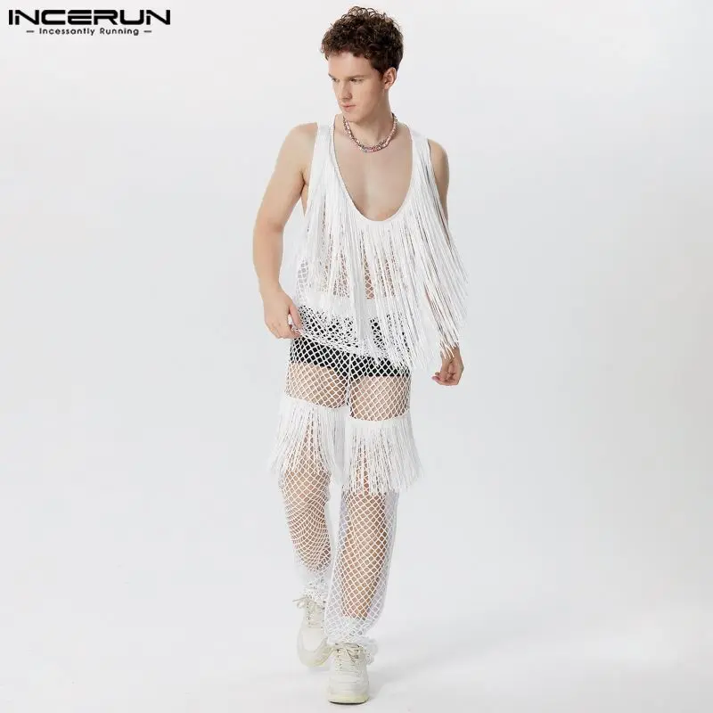 INCERUN Men Sets Mesh Tassel Patchwork Hollow Out Transparent Sleeveless Tank Tops & Pants 2PCS Streetwear 2024 Men Suits S-5XL