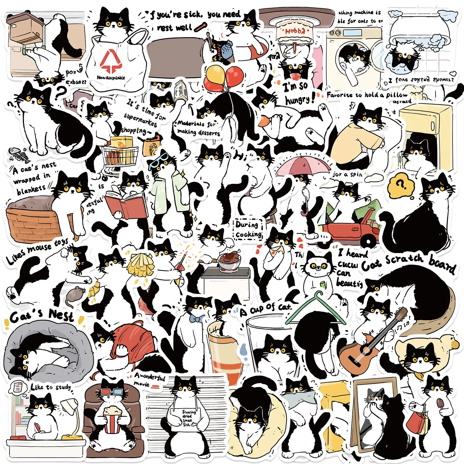 50pcs Cute Tuxedo Cat Animals Cartoon Graffiti Stickers Phone Guitar Laptop Notebook Suitcase Cup Waterproof Sticker Kids Toy