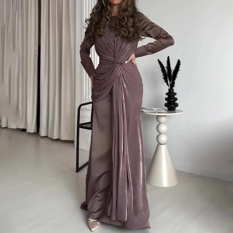 Elegant Long Sleeve High Waist Evening Dress Casual Solid Color Slim Robe Dress Spring Autumn Women's O Neck Twisted Party Dress