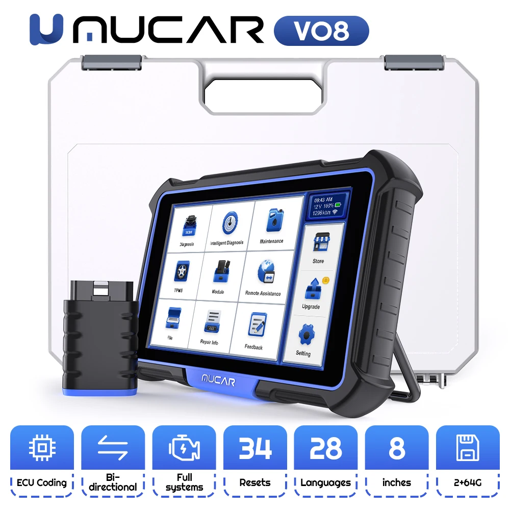 

MUCAR VO8 Инструмент автомобильного сканирования Сканер OBD2 Bluetooth 34 Сбросы кодирования ЭБУ Все системы Автомобильный диагностический сканер Беспроводной диагностический инструмент