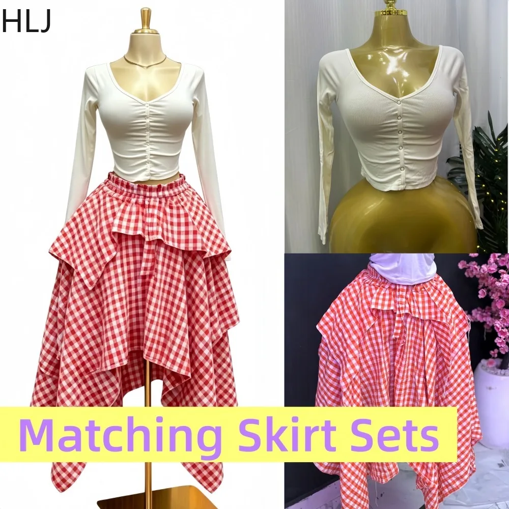 

HLJ Women 2 Piece Outfit Solid Color V Neck Button Ruched Crop Top + Red White Gingham Tiered Irregular Skirt Casual Streetwear