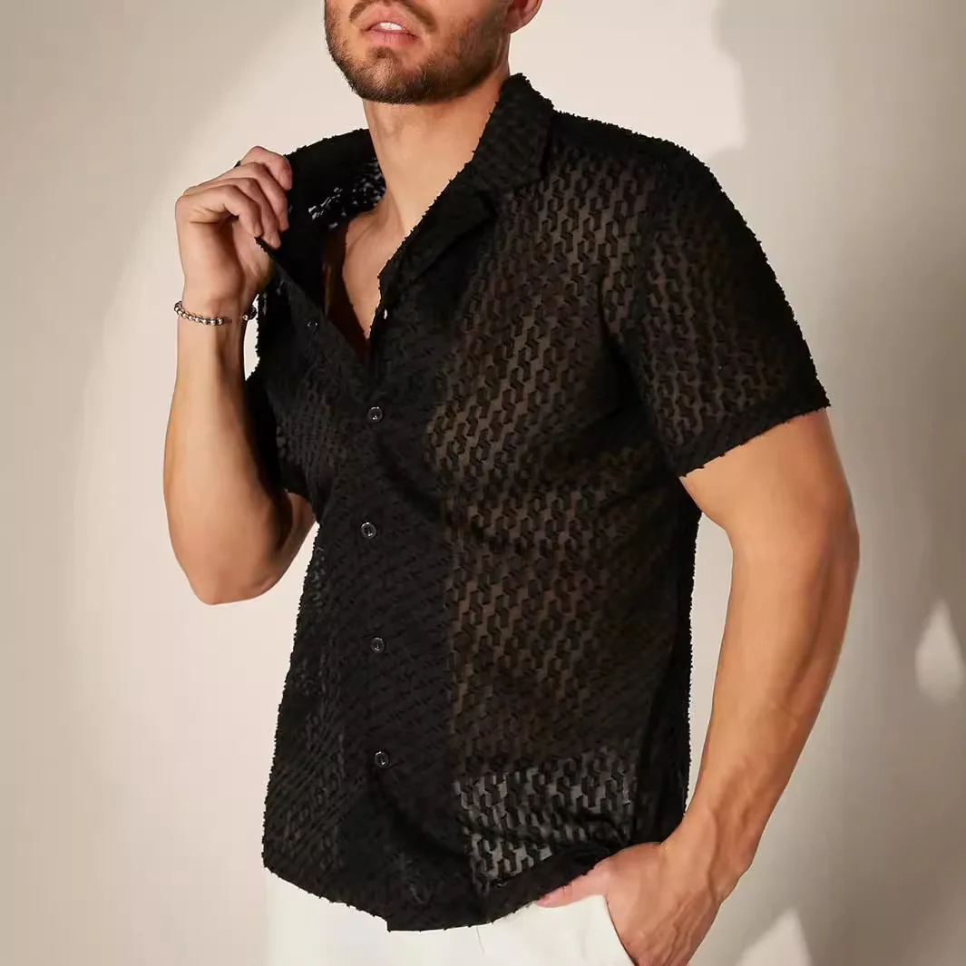 New Men's Hollow Jacquard See-through Shirt Lace Fashion Casual Slim-fit Top