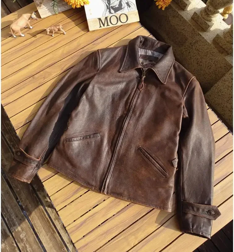 Shop Best.100% natural Matte cowhide jacket.Men vintage Brown casual leather coat.Plus size slim fit soft clothing