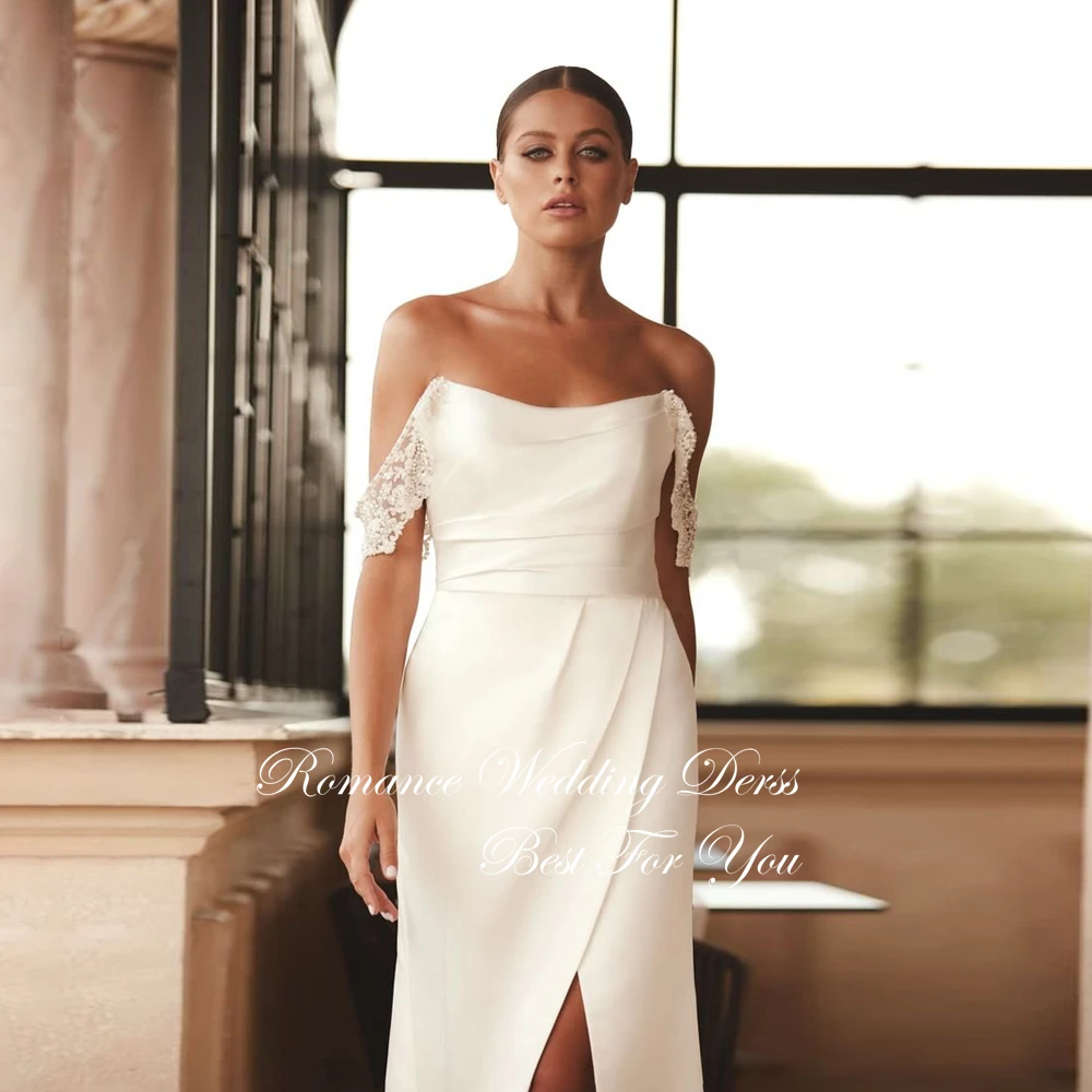 클래식 플리츠 머메이드 웨딩드레스 여성 레이스 보트넥 오프숄더 하이 사이드 슬릿 오픈백 베스티도스 데 노비아 맞춤 제작