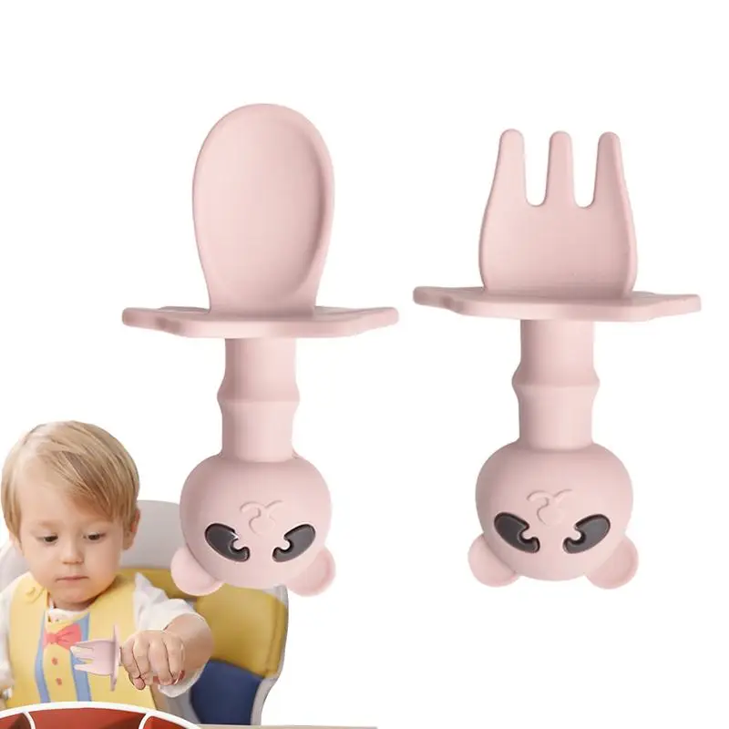 Silicone Toddler Spoons And Fork Cartoon Self Feeding Fork And Spoon Kit Cartoon Panda Design Cutlery Accessory For Home Picnic