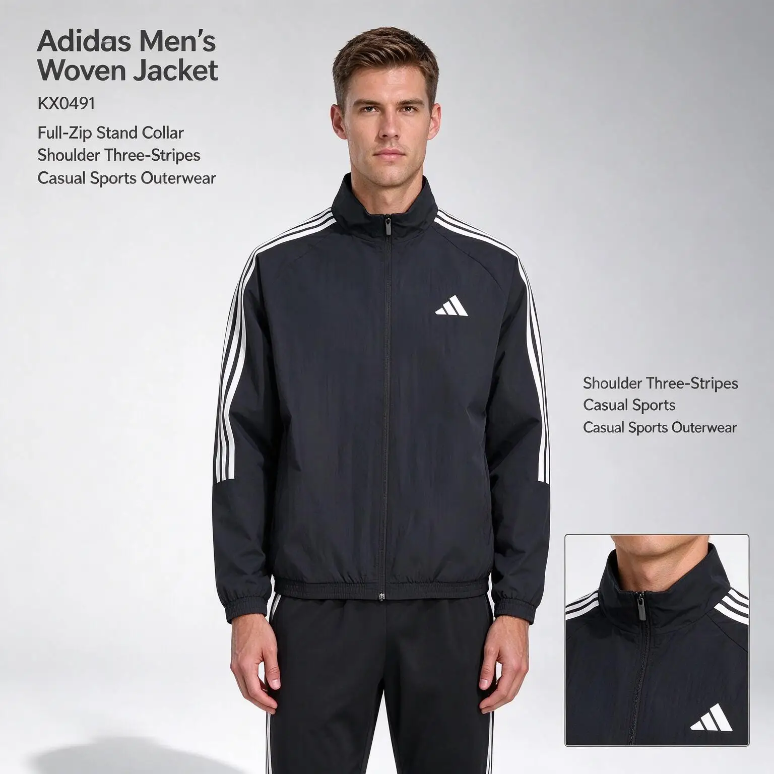 Hot Adidas ST 3ST LW JKT Men's Woven Jacket KX0491 Black Full-Zip Stand Collar Shoulder Three-Stripes Casual Sports Outerwear