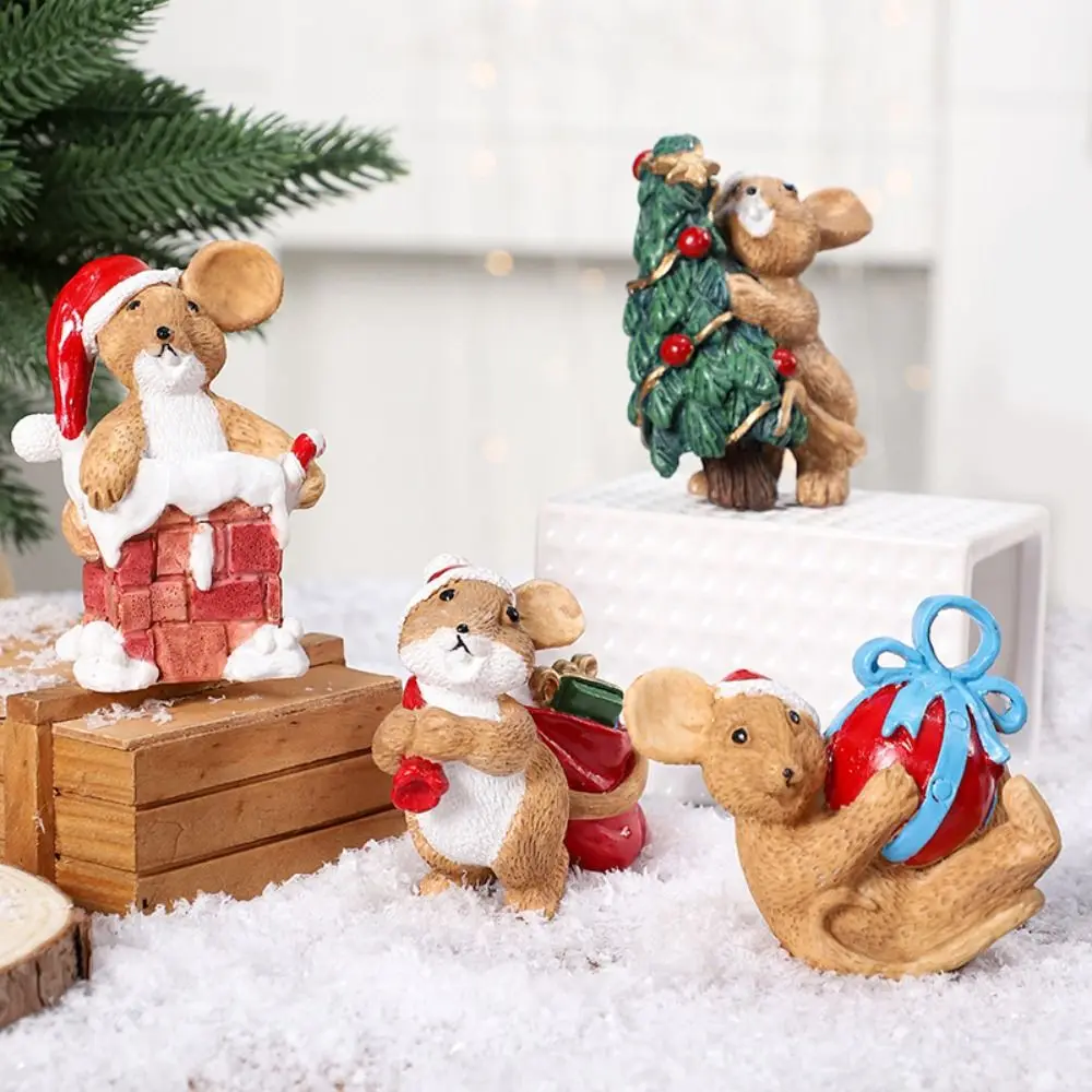 Mouse estatueta de animal de natal miniaturas resina animal ornamentos de paisagem de natal estátua mini