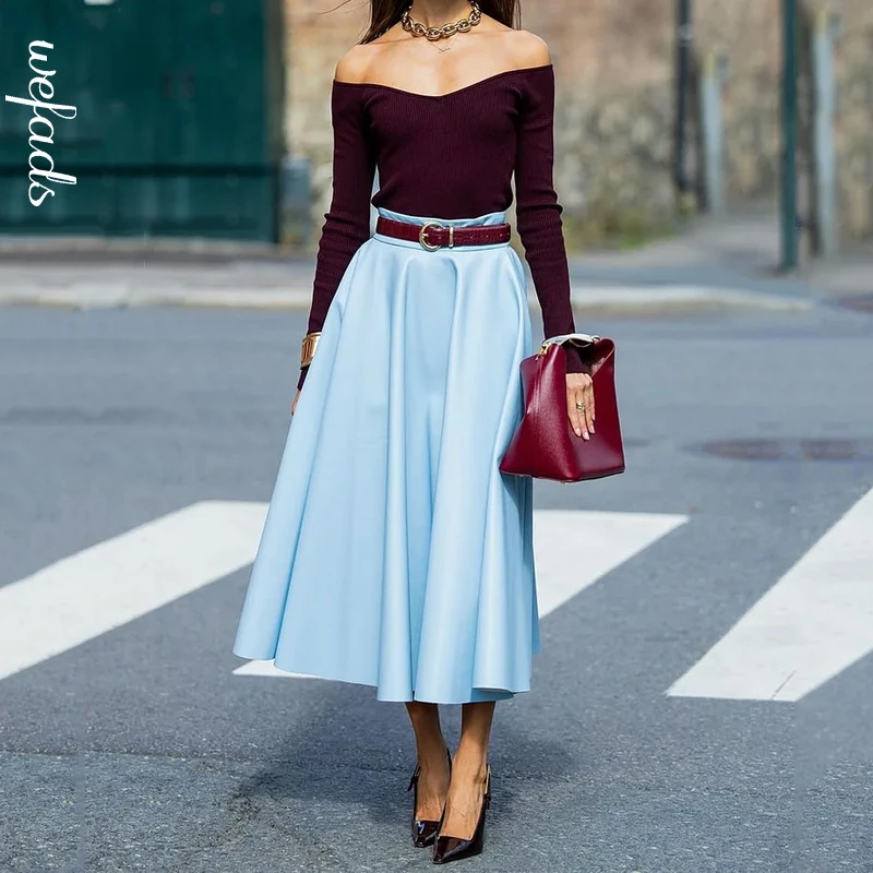 

Wefads Autumn Women 2 Piece Elegant Solid Long Sleeve Off Shoulder Strapless V Neck Pullover Top Loose Long Skirt Sets With Belt