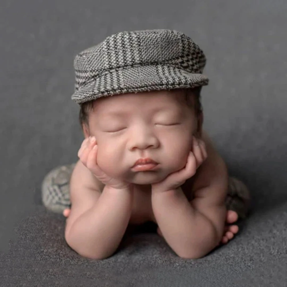 Newborn Photography Outfit Baby Houndstooth Suspender Pants and Beret Set Infant Photo Props Vintage Newborn Photography Costume image 3