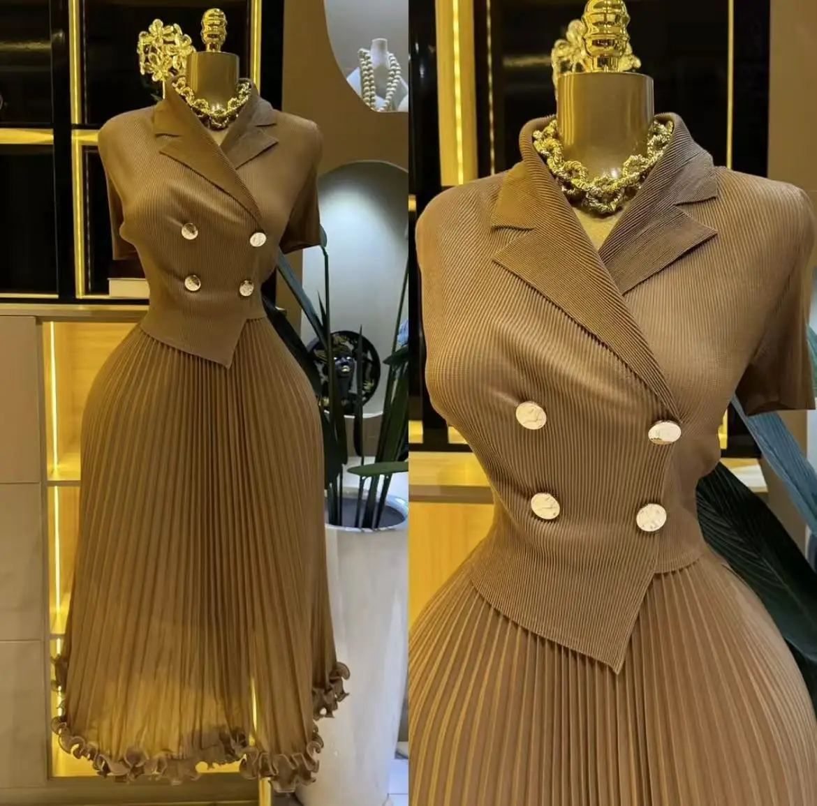 

Miyake Suit Collar Short-sleeved Pleated Skirt Women Fashionable Foreign Style Fake Two-piece Waist Dress 2025 New Summer