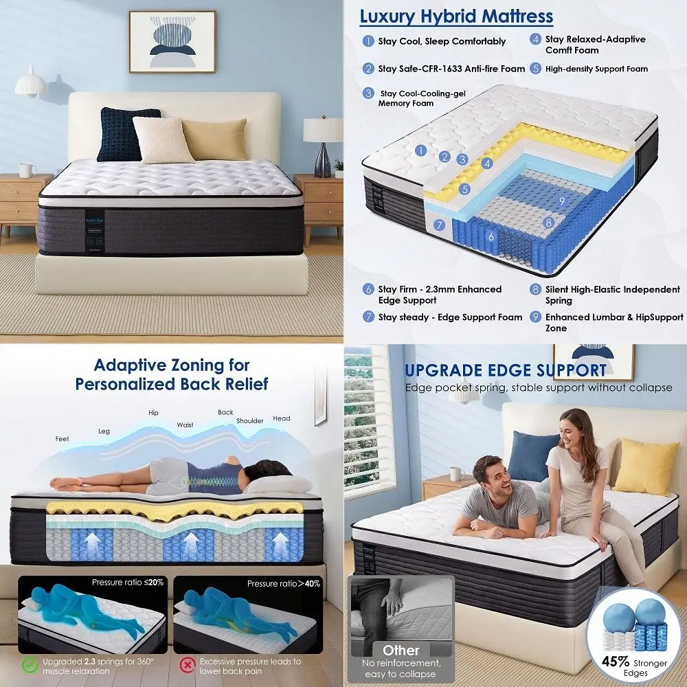 Mattress in a Box, 12 Inch Hybrid Mattress, HotelLevel, Extra Lumbar amp Shoulder Support, Cooling Bed with Memory Foam amp Ind