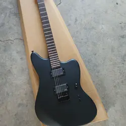 Black six-string electric guitar with matte paint, basswood body, maple neck and rose wood fingerboard.