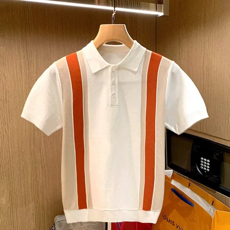 High Quality Knit Slim Polo Shirt Mens Vintage Striped Embroidery Knitted Tops Summer Casual Turn-down Collar Short Sleeve Polo