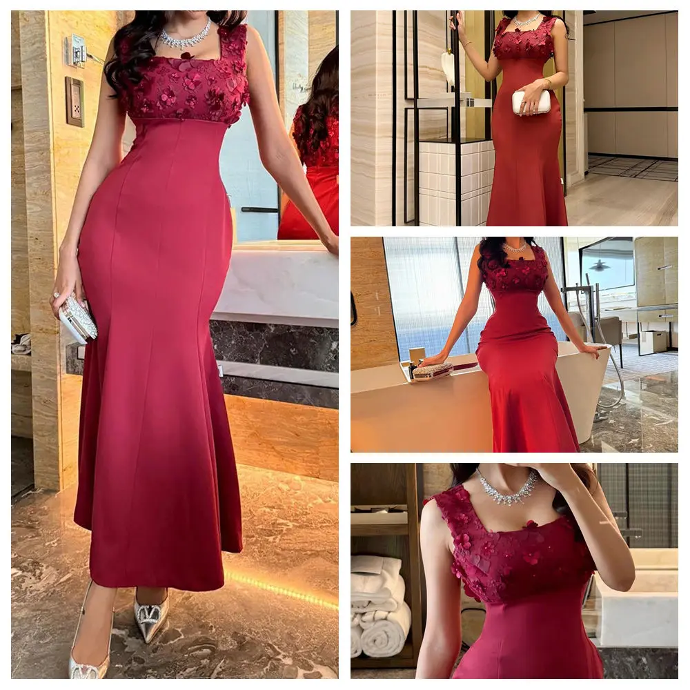 

Customized A-line Evening Dresses Ankle-length Square Collar Sleeveless Prom Gown Fashion Flowers Simple Draped Party Gown