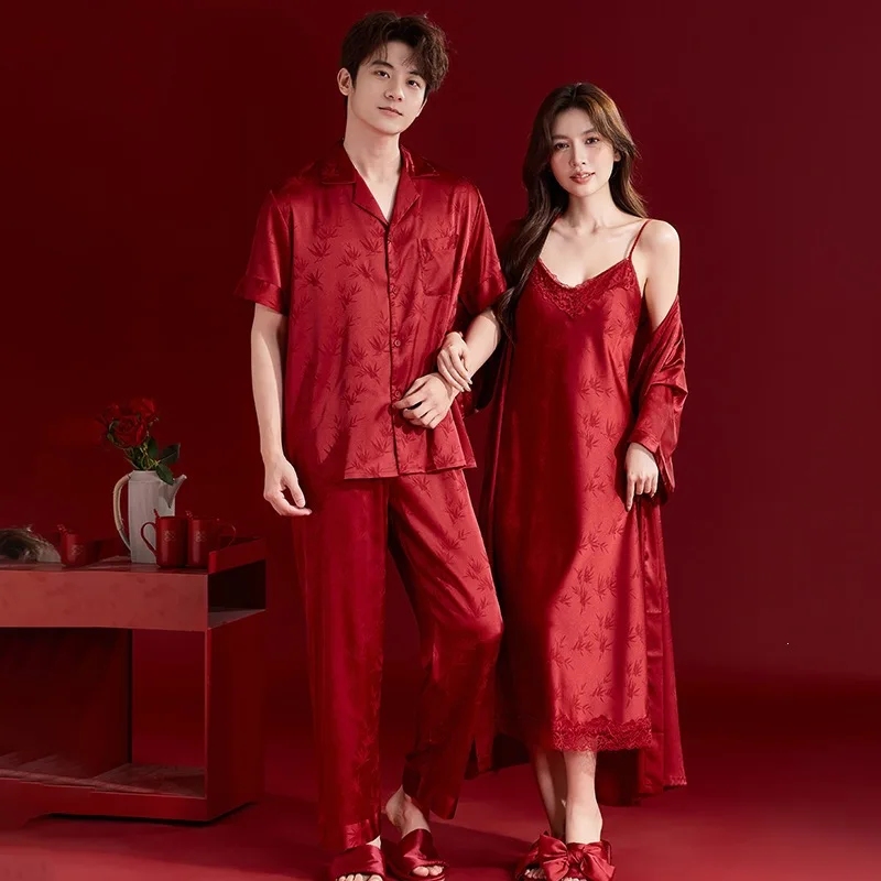 Red Wedding Pajamas Newlywed Couple Set Ice Silk Morning Gown Groom and Bride Wedding 2026 New Summer Wedding