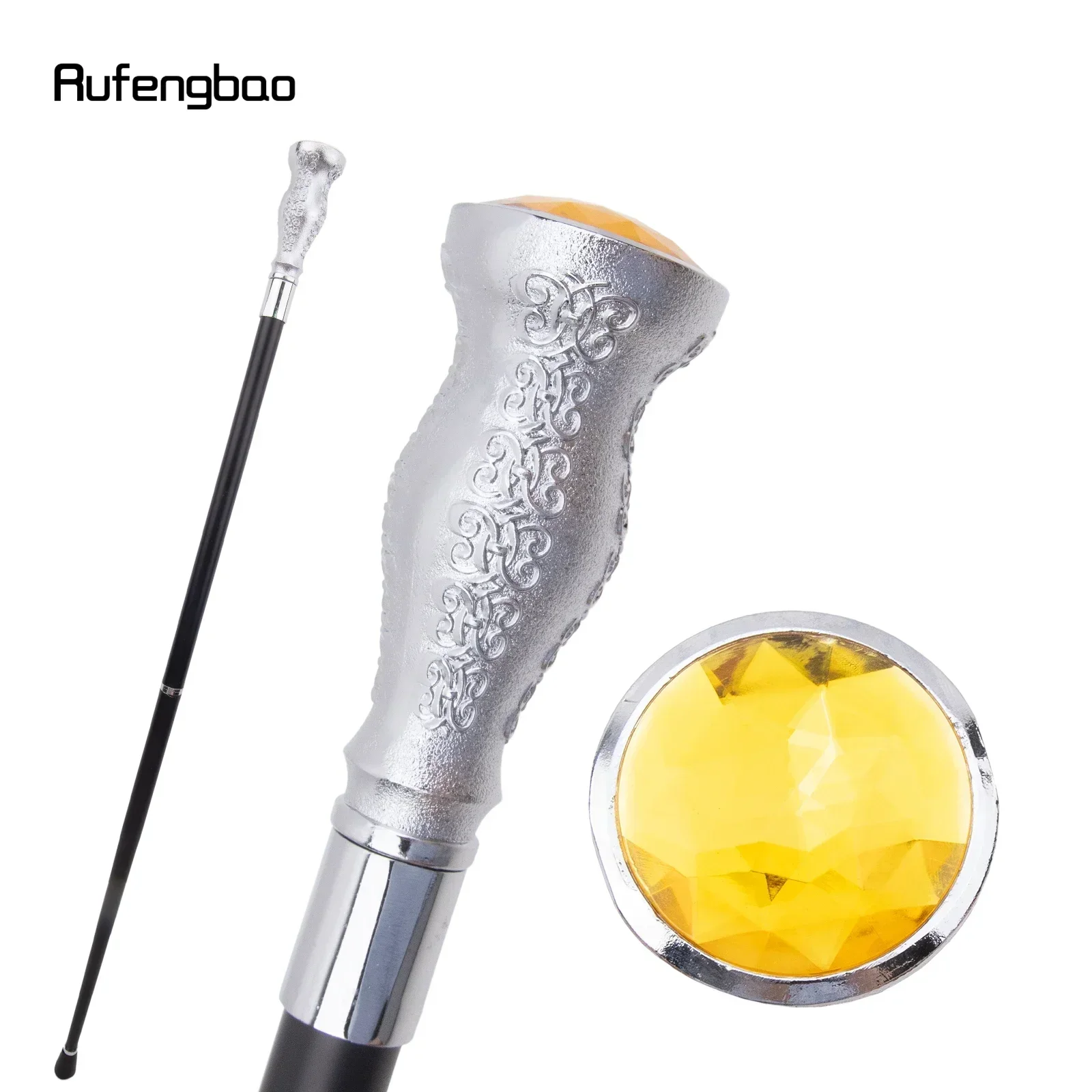 ไม้เท้าแฟชั่นสีเหลืองประดับเพชรเทียมสีขาว สไตล์สตีมพังก์และสุภาพบุรุษทุกวัน ไม้เท้าคอสเพลย์สุดหรู ความยาว 93 ซม.