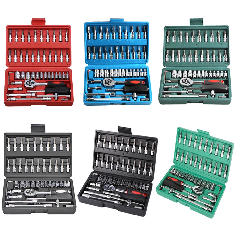 46/53 Pcs/Set Car Repair Tool Kit Ratchet Torque Wrench Combo Auto Repairing Set 1/4-Inch Socket Set Car Repair Mechanic Tools