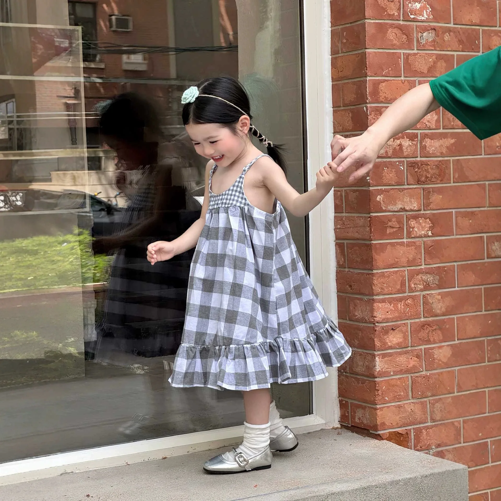 Forest Style Korean Girls Summer Western Style Patchwork Gray Grid Yarn Lotus Leaf Princess Suspender Dress