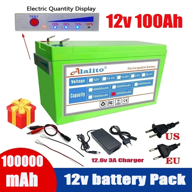 

NEW Sprayers 12V 100Ah Built-In High Current 30A BMS 18650 Lithium Battery Pack For Electric Vehicle Batterie 12.6V Charger