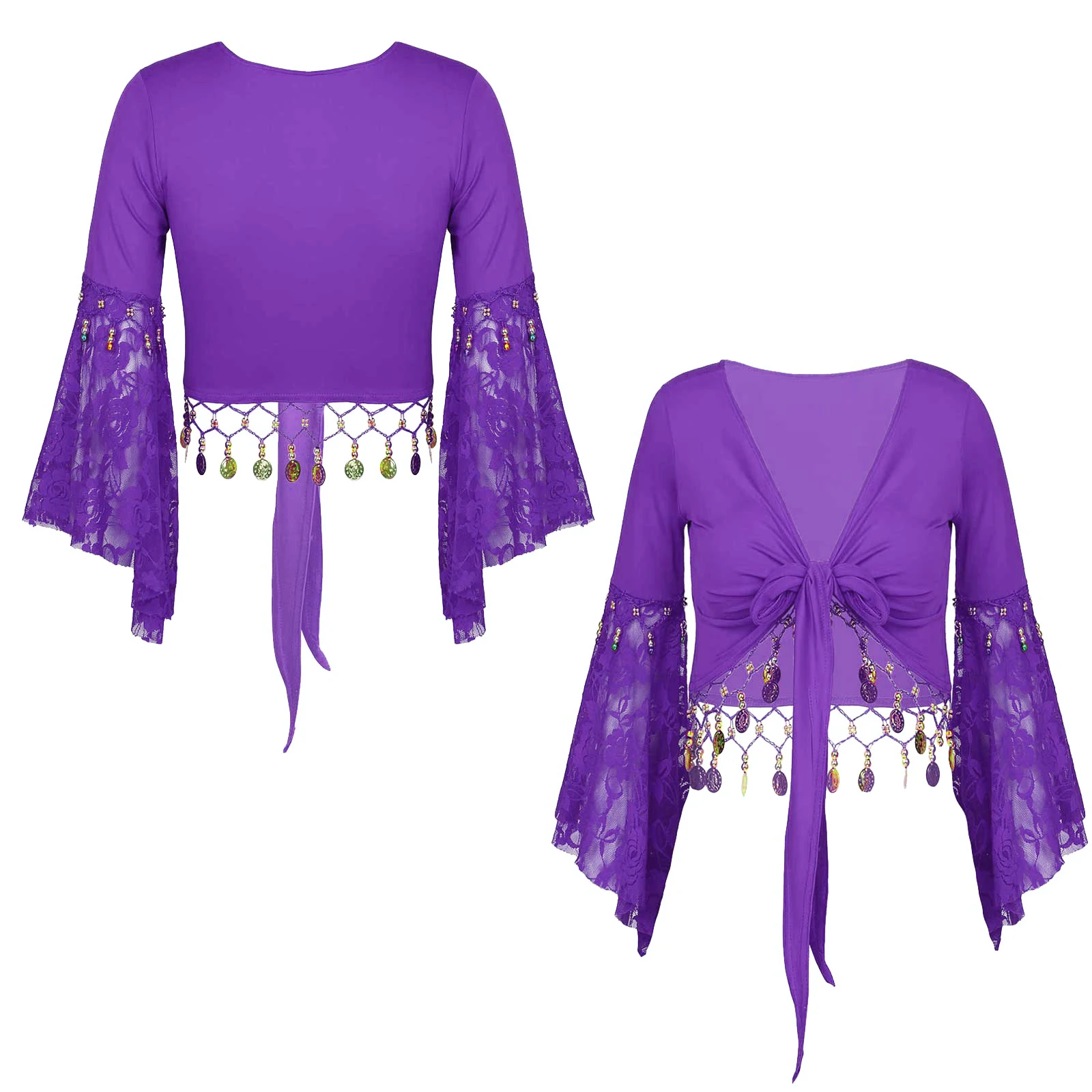 

Women Belly Dance Costume Crop Top Long Lace Sleeve Blouse Tie Top Knot Shirts with Coin Tassels Lace-Up Indian Belly Dancewear