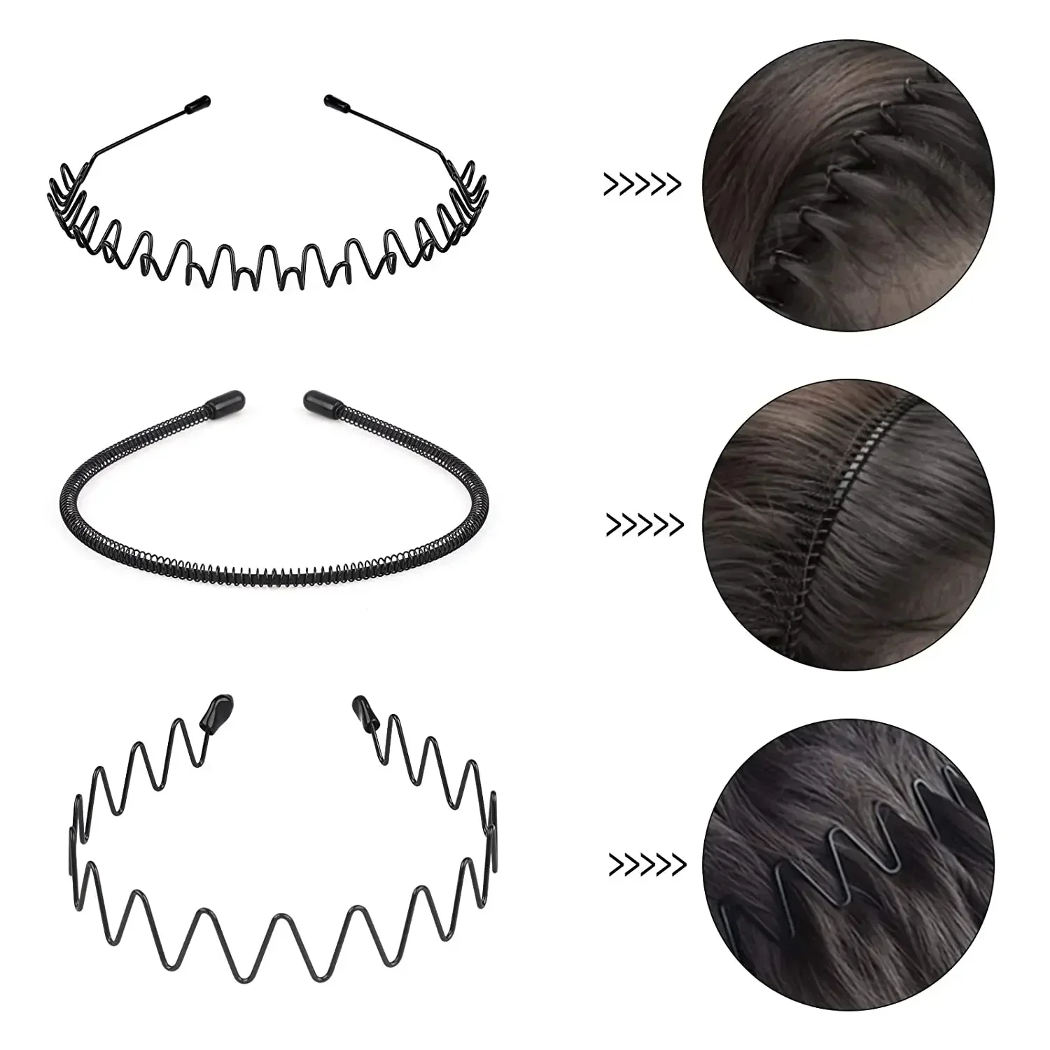 1/3pcs Unisex Metal Wavy Spring Hair Hoop Black Non Slip Sports Headbands For Women Men Simple Hairband Face Washing Headdress