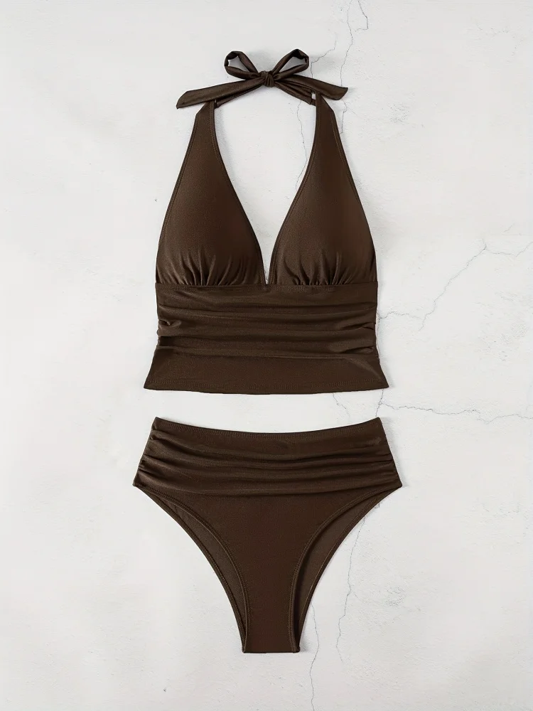 Bikini Donna Costume da bagno 2026 Nuovo Solid Halter Bikini Set Sexy Vita alta Costumi da bagno Estate Due pezzi Beachwear Costume da bagno femminile