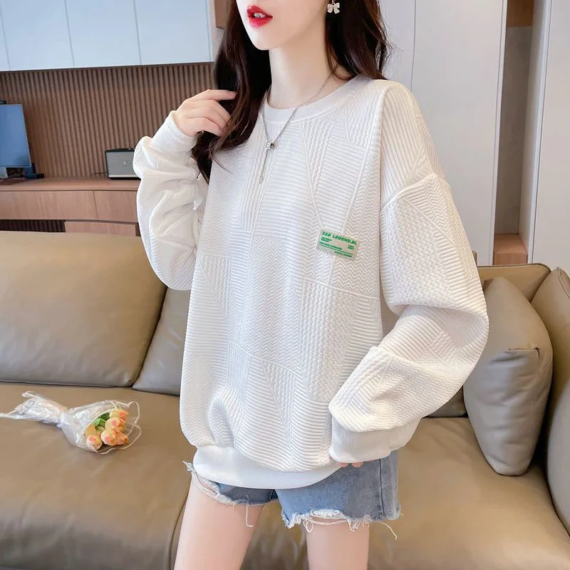 New Spring and Autumn Fashion Korean Edition Solid Waffle Round Neck Loose Versatile Simple Slim Women\'s Long Sleeve Sweater