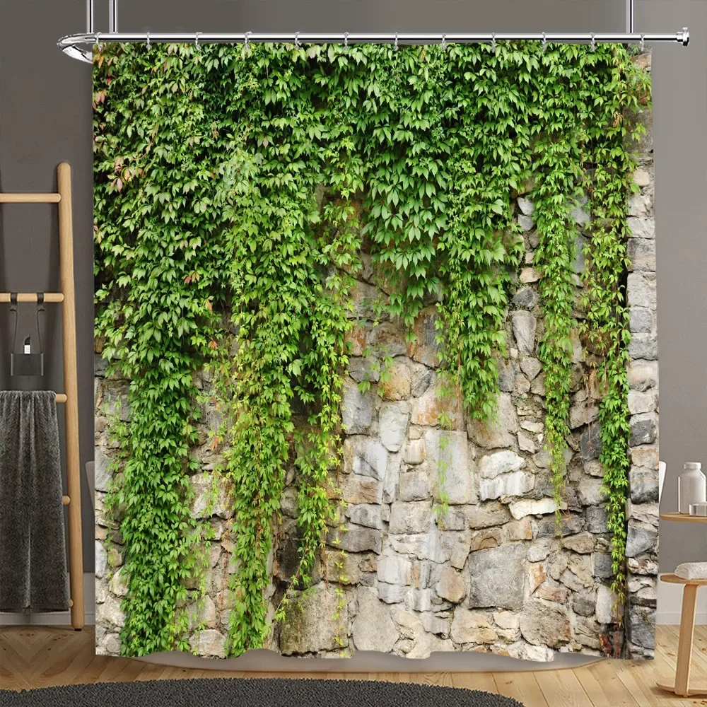 Brick Wall Shower Curtain Botanical Flower Natural Farm Vine Barn Rustic Wood Panel Home Polyester Fabric Bathroom Decor Curtain