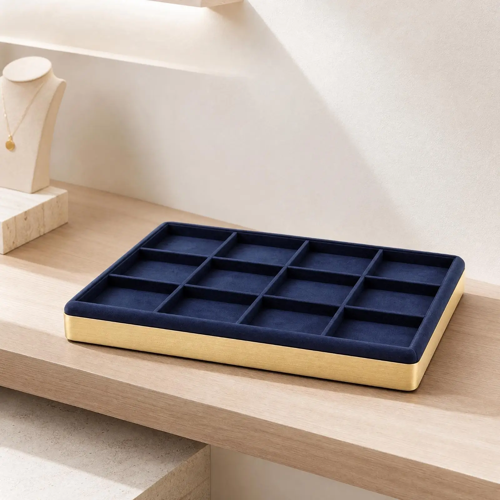 Microfiber Leather Jewelry Storage Tray with Gold Tone Metal Frame for Small Accessories Display and Organization on Vanity
