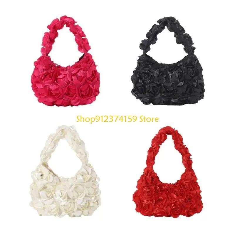 G5AE Multipurpose Satins Evening Bag with Top Handle 3D Rose Flower Sequined Clutch Handbag Purse for Women Wedding Parties