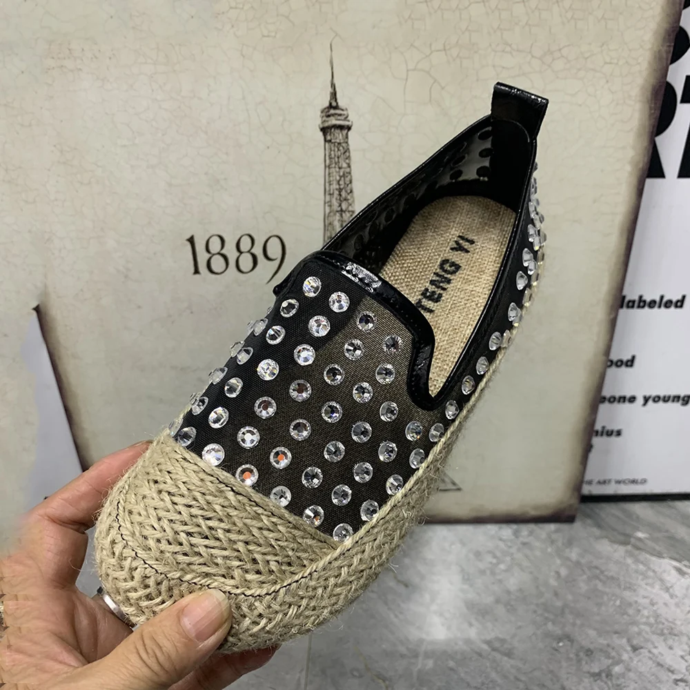 Fashion Women Flat Shoes Rhinestone Gauze Designer Women Loafers Plus Size Casual Female Sandals Summer Mullers