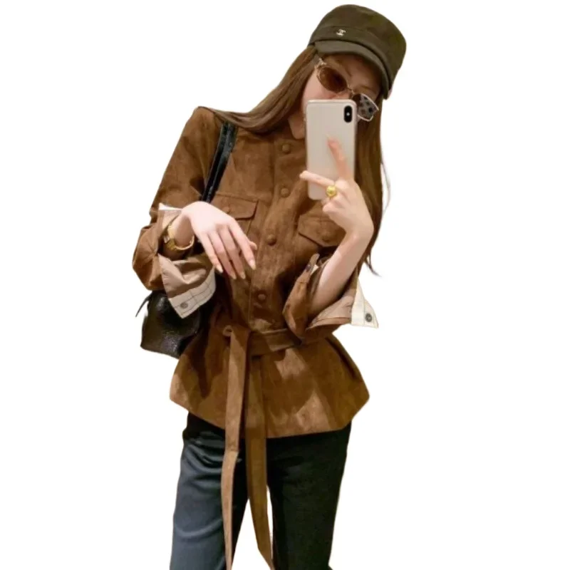 Stunning Highly Attractive Light Mature Top for Women Autumn This French Retro and Stylish Brown Suede Waist-cinching Short Coat
