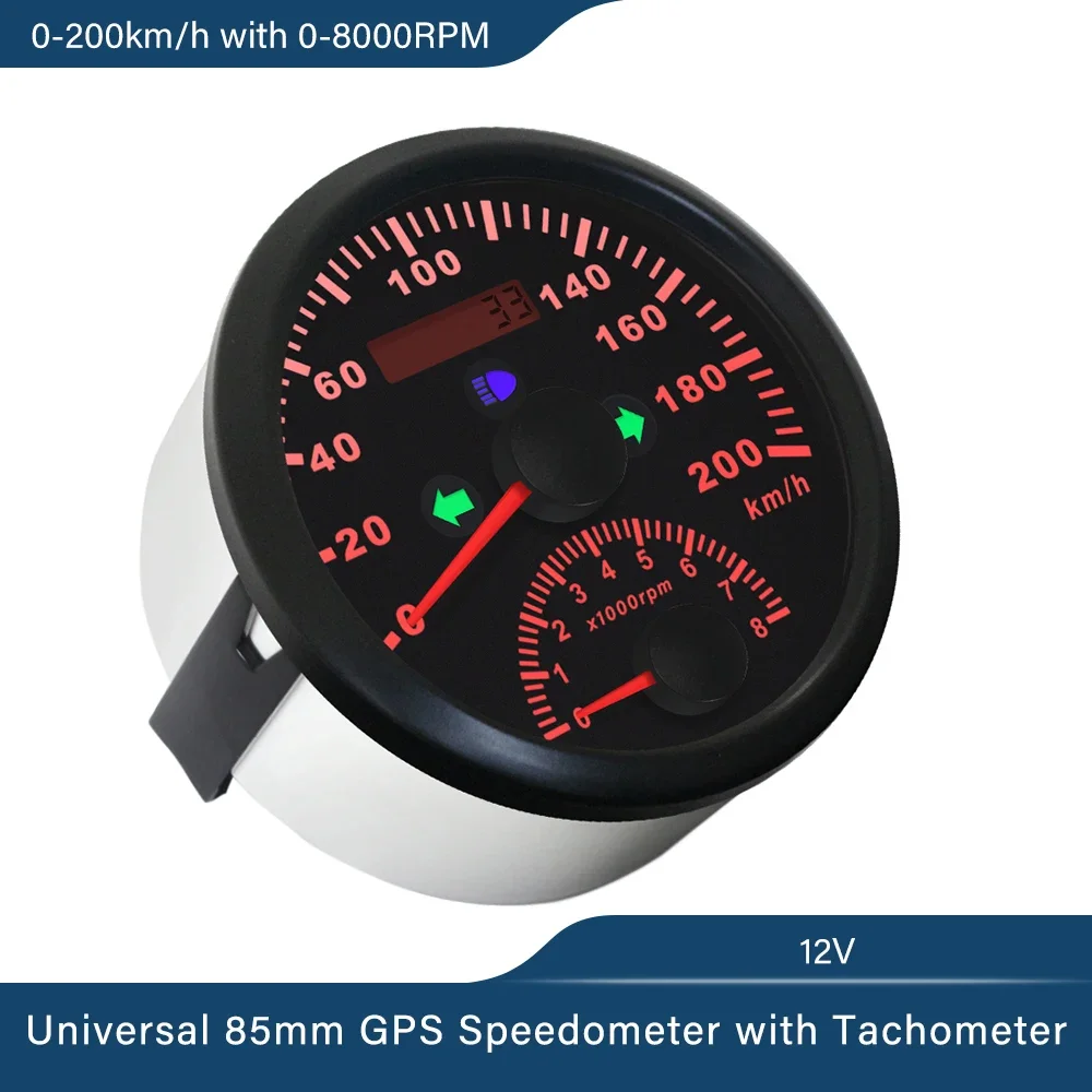 ELING Boat Car Universal 85mm GPS Speedometer 0-200km/h with Tachometer 0-8000RPM Gauge with GPS Antenna Red Backlight 12V