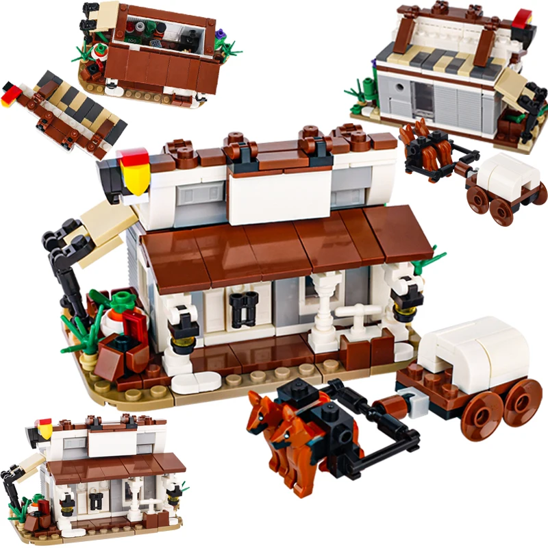 MOC Medieval General Shop Building Blocks Street View Store Scene Carriage House Horses Floor Plant Animal Car Bricks Toys Gifts