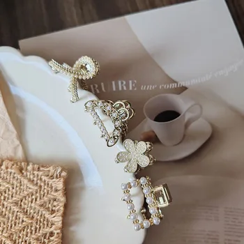 2 יחידות מחזיקי ציפורן מתכת אלגנטיים עם פנינה וקריסטלים בגודל קטן, מחזיקי שיער כריש עם אבן חן לזנב סוס גבוה