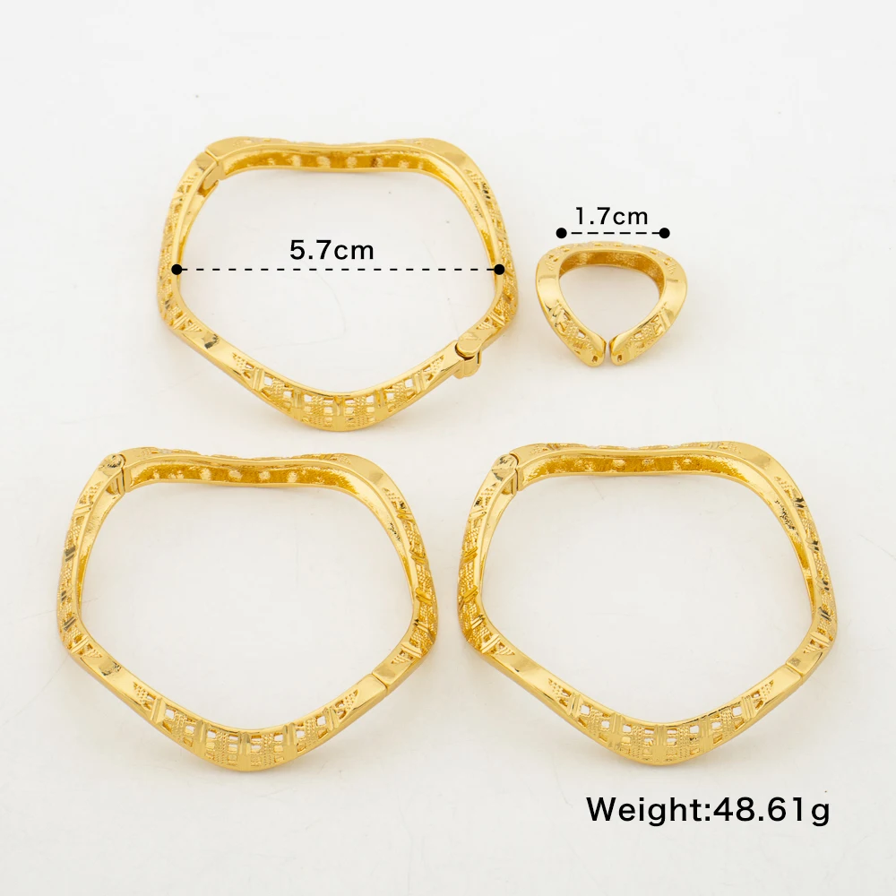 Dubai Gold Color Bangle Ring Set for Engagement Irregular Design Cuff Bangles Cocktail Ring Ladies Elegant Stacked Bracelets