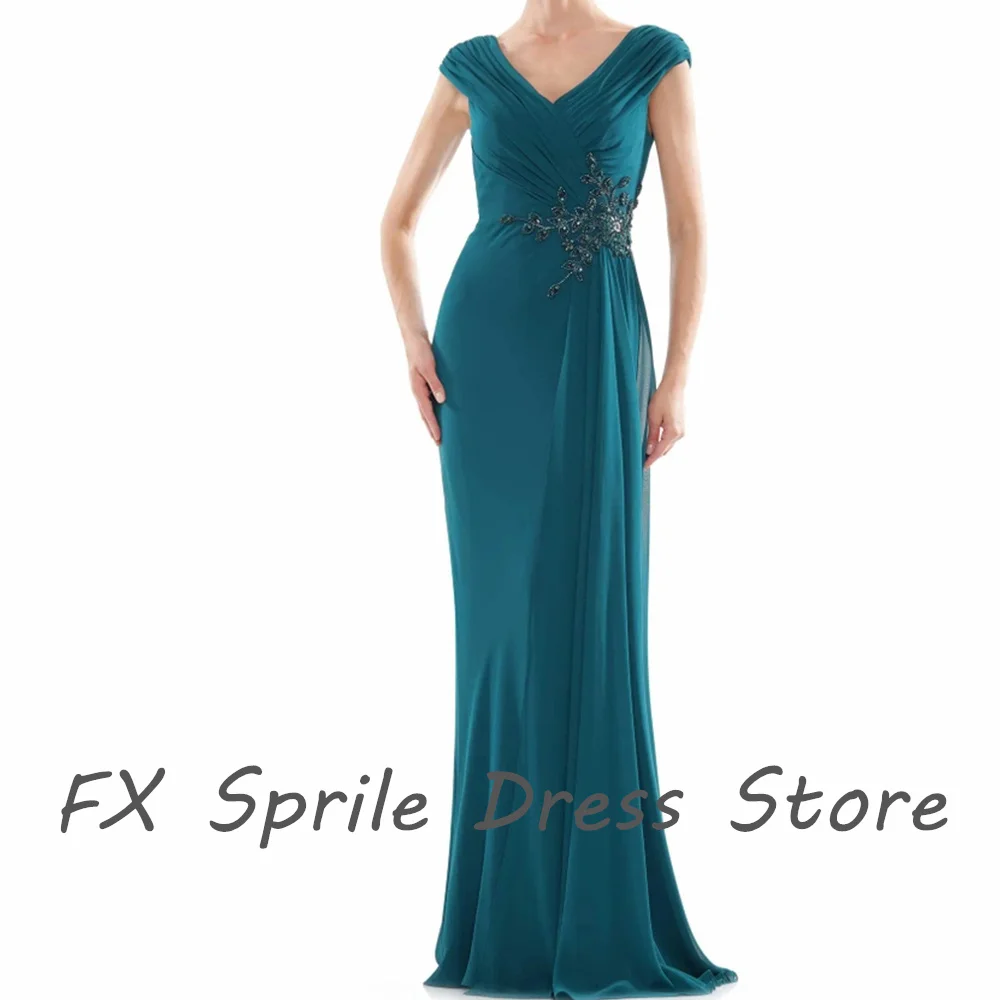 V Neck Chiffon Cap Sleeve Appliques Straight Zipper Back Sleeveless Floor Length Backless Elegant Luxury Evening Dress 2024