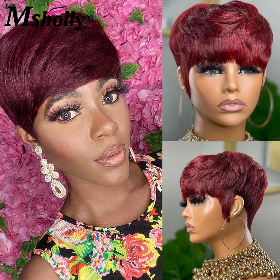 

Short Bob Wigs Pixie Cut Human Hair Wigs 99J Full Machine Wigs For Black Women Black Dark Layered Brazilian Remy Human Hair Wigs