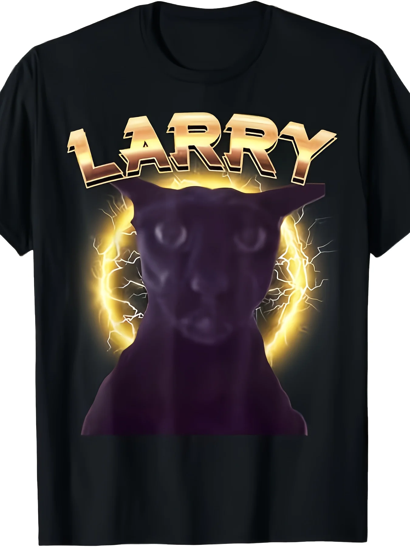 Lustiges Katzen- und Larry-Design für Herren: Schwarzes, lässiges Kurzarmhemd mit Rundhalsausschnitt und prominentem Larry-Schriftzug und tabbyem Katzengesicht.
